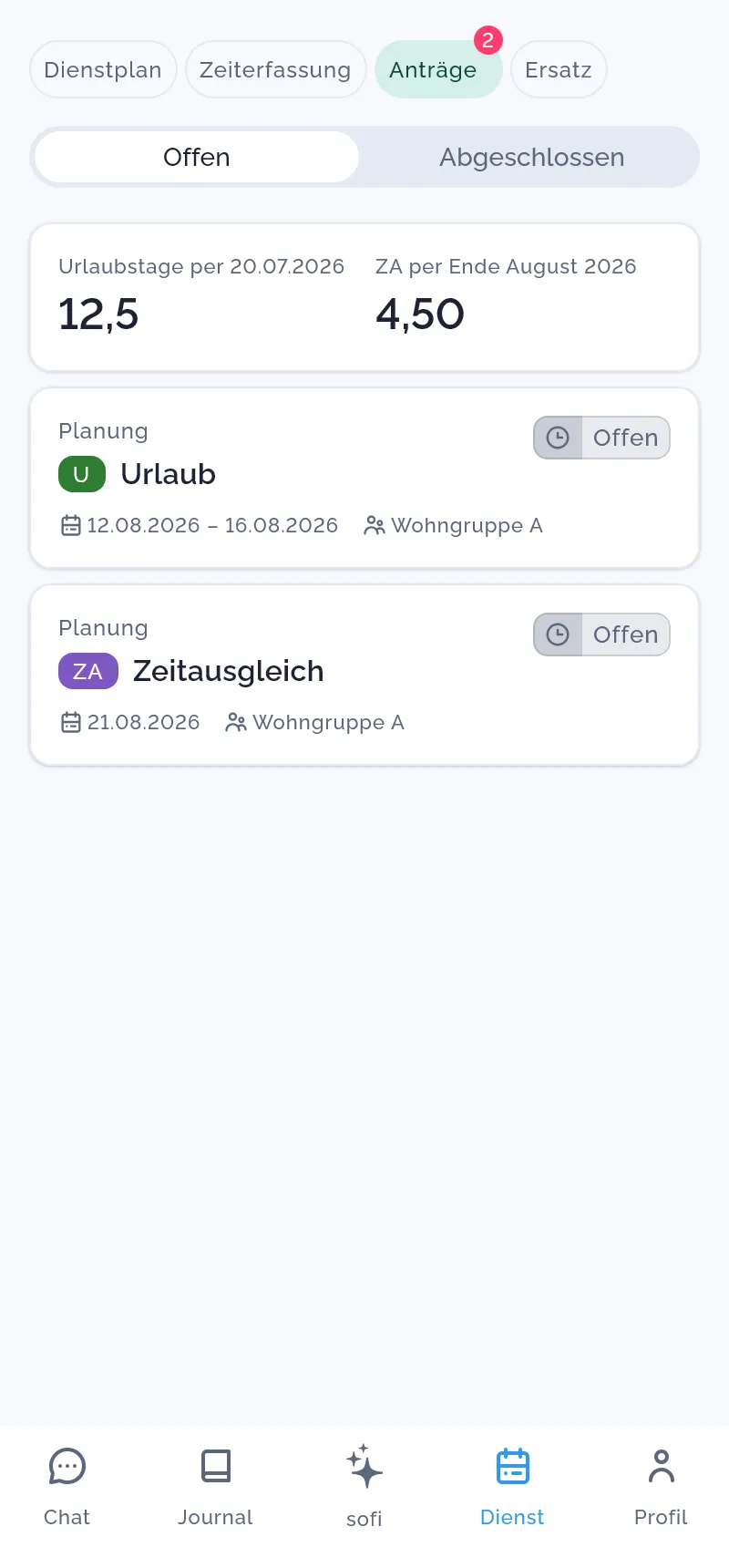 Fokus App – Antragscenter mit Urlaubstagen, Zeitausgleich und offenen Anträgen