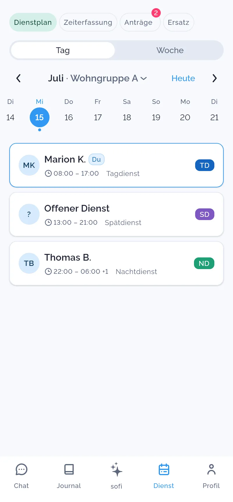 Fokus App – veröffentlichter Dienstplan mit Team-Ansicht und Tagesdiensten