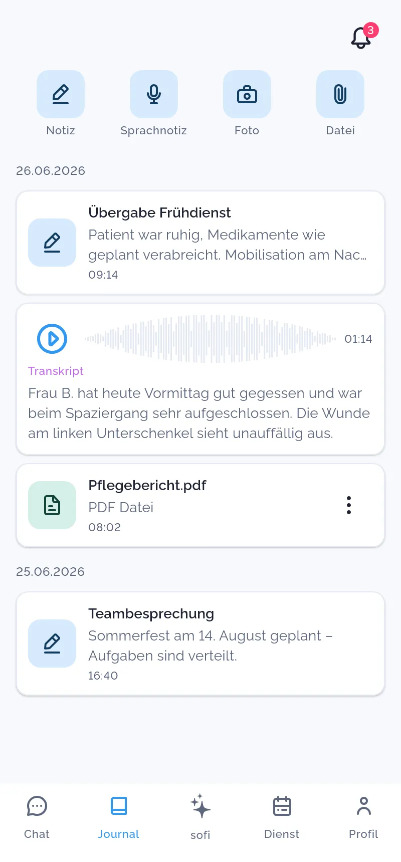 Fokus App – Journal mit Textnotizen, Sprachnotiz samt Transkript und Dateien