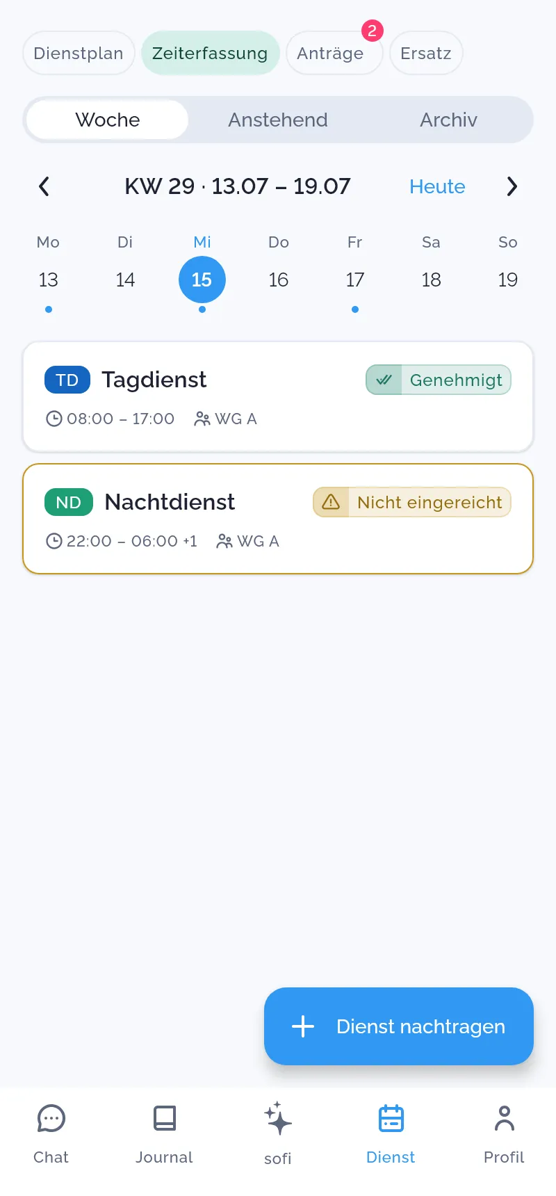 Fokus App – Zeiterfassung mit Wochenansicht und Diensten zum Einreichen